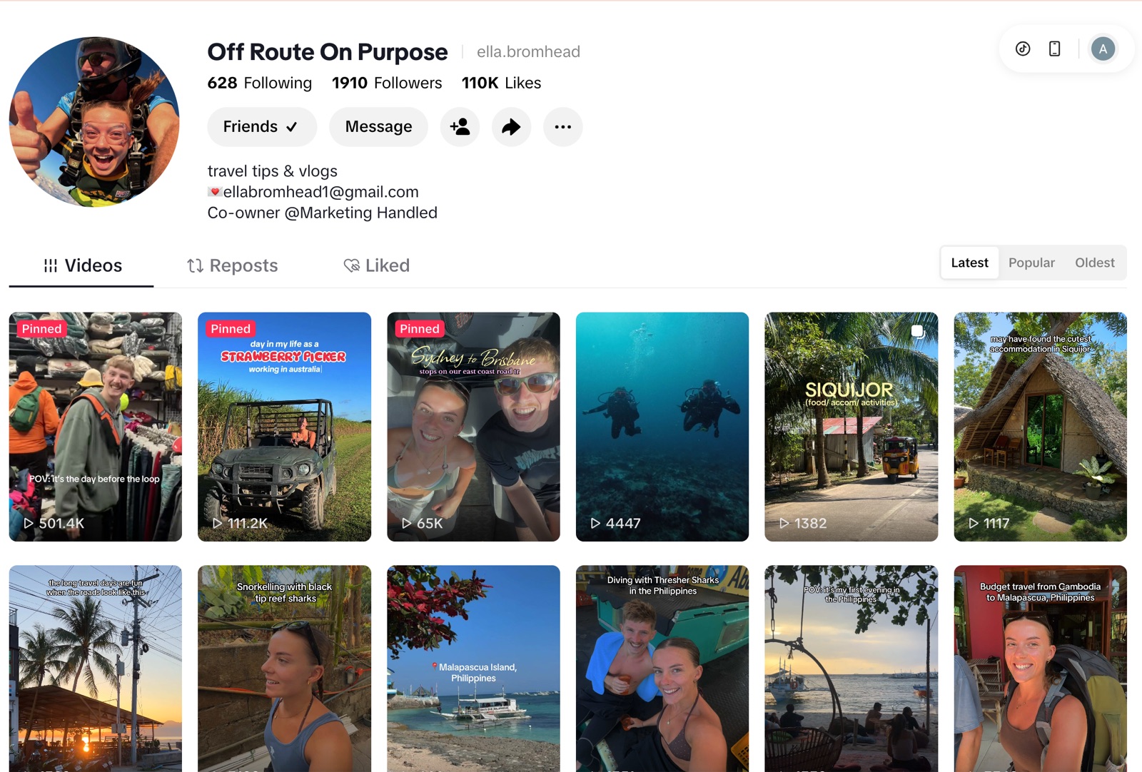 Ella's Off Route On Purpose TikTok profile, with 110K likes and her travel videos from Australia, the Philippines and Nepal