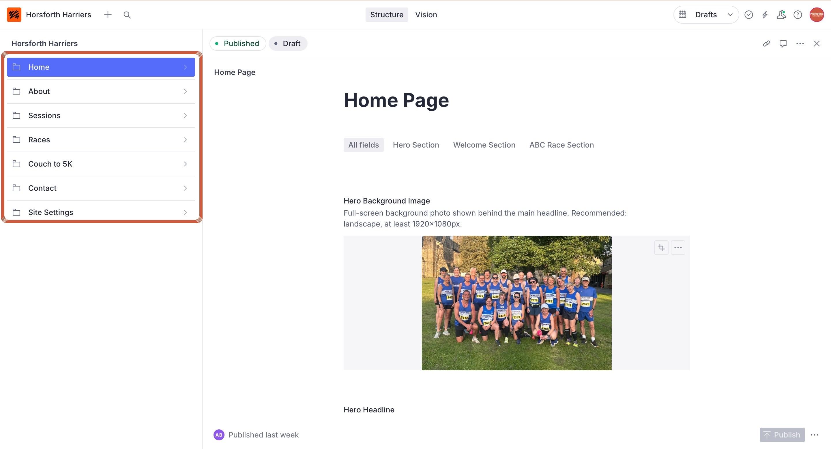 The CMS menu listing every page of the site, highlighted