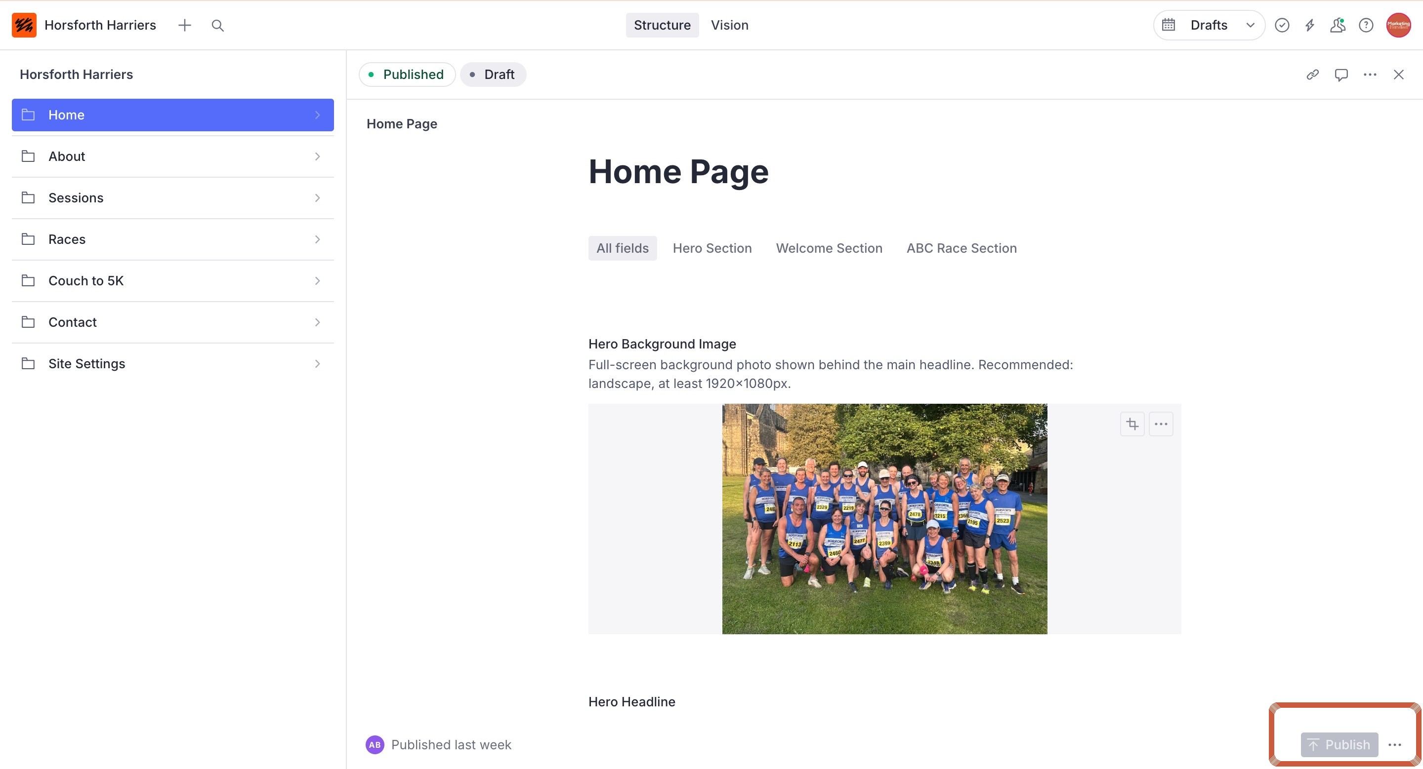 The Publish button in the Horsforth Harriers CMS, highlighted
