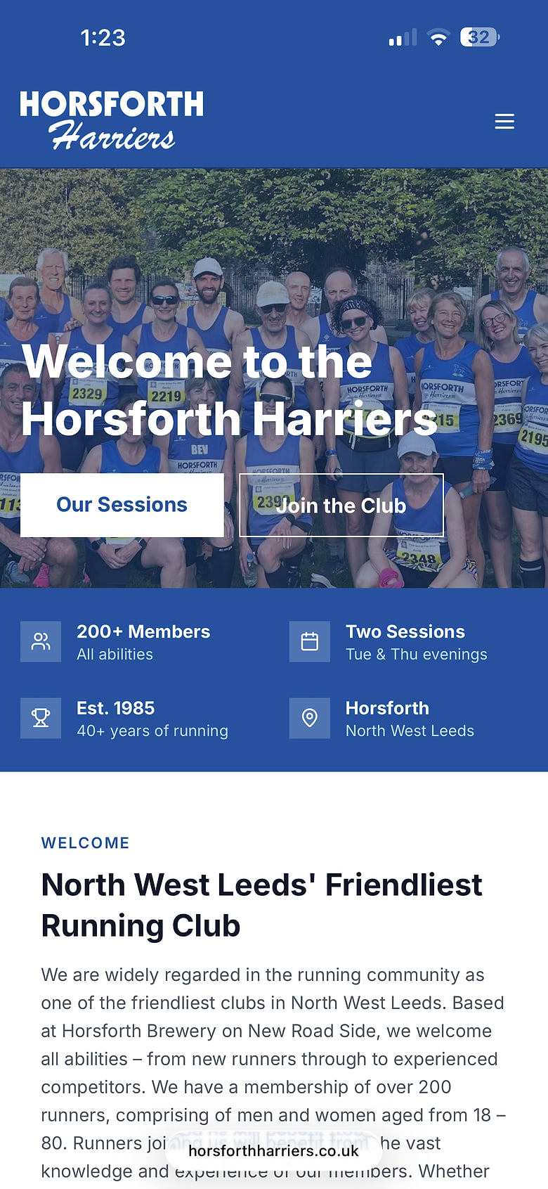 Horsforth Harriers website on mobile