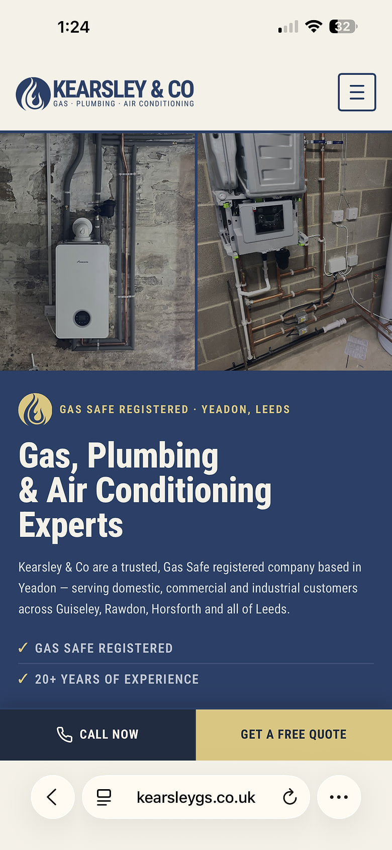 Kearsley & Co Gas Services website on mobile