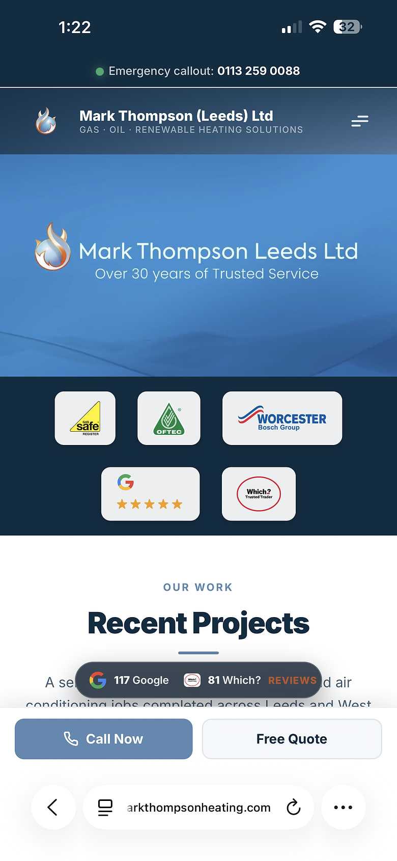 Mark Thompson (Leeds) Ltd website on mobile